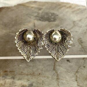 VTG Sterling Silver 925 Dainty 0.67" Textured Leaf Ball Screw Back Earrings